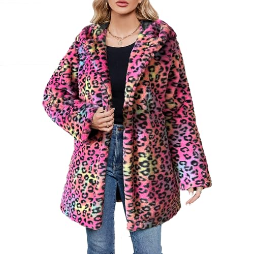 YuanDiann Damen Leopardenmuster Kunstpelz Mantel mit Kapuze Herbst Winter Warm Lose Mid LAN Kunstfell Jacke Casual Mode Warm Fellimitat Leopard Mantel Bunt XXL von YuanDiann