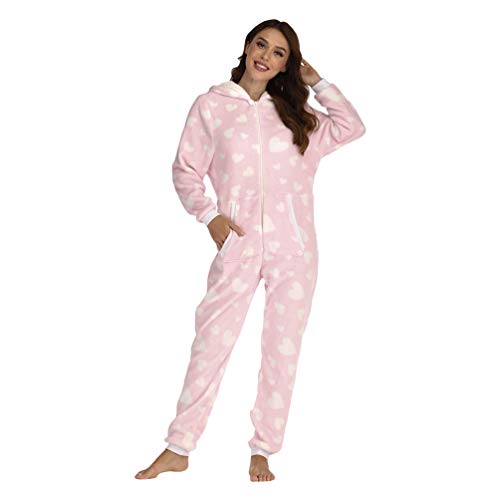 YuanDiann Damen Onesie Pyjamas, Niedliche Liebe Herz Druck Weiche warme Flanell Lange Ärmel Einteiler Schlafanzug mit Kapuze Nachtwäsche Jumpsuit Bequeme Schlafoverall Rosa L von YuanDiann