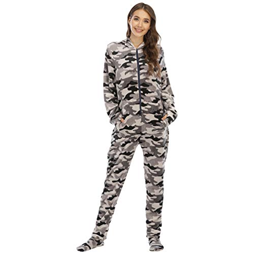 YuanDiann Damen Onesie Pyjamas mit Füssen, Tarnung Drucken Weiche Warm Flanell Lange Ärmel Niedliche Einteiler Schlafanzug mit Kapuze Schlafoverall Kuschelige Schlaf Jumpsuit Graue Tarnfarbe M von YuanDiann