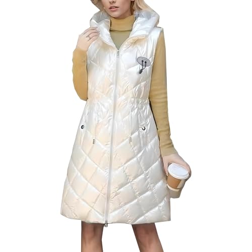 YuanDiann Damen Pailletten Steppweste mit Kapuze Winter Warm ärmellos Lang Weste Daunenbaumwolle Füllung Elegant Longweste Gilet Daunenweste Beige XL von YuanDiann