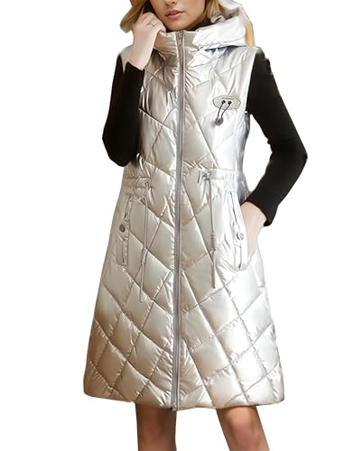 YuanDiann Damen Pailletten Steppweste mit Kapuze Winter Warm ärmellos Lang Weste Daunenbaumwolle Füllung Elegant Longweste Gilet Daunenweste Sekt L von YuanDiann