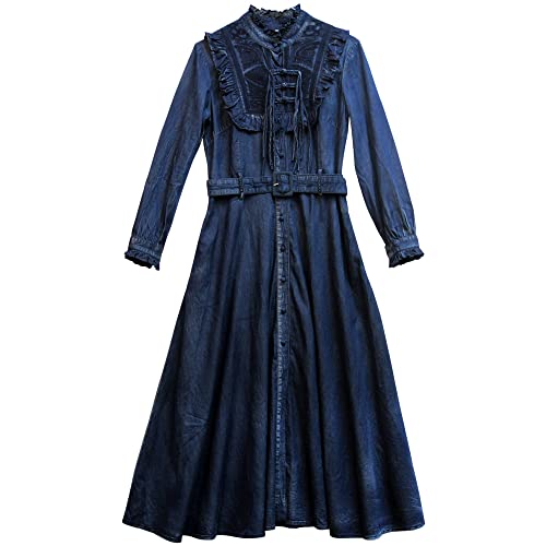 YuanDiann Damen Retro Langes Jeanskleid, Rüschen Stickerei Schwerindustrie Elegantes Kleid, Knopfverschluss A Linien Swing Langarm Denim Party Maxi Kleid mit Gürtel Blau XL von YuanDiann