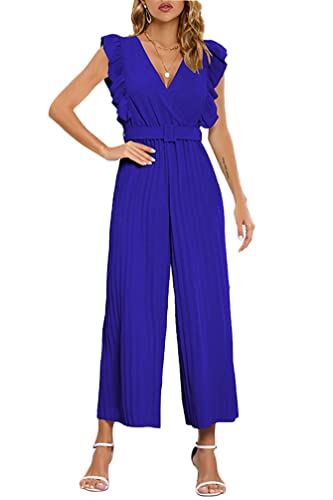 YuanDiann Damen Sommer Jumpsuit Elegant Rüschen V-Ausschnitt Falten Weites Bein Overall Ärmellos Causal Party Hosenanzug Playsuit Hosenanzug Playsuit Romper Mit Gürtel Blau L von YuanDiann