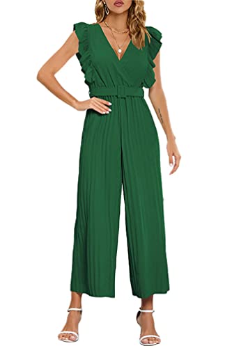 YuanDiann Damen Sommer Jumpsuit Elegant Rüschen V-Ausschnitt Falten Weites Bein Overall Ärmellos Causal Party Hosenanzug Playsuit Hosenanzug Playsuit Romper Mit Gürtel Grün L von YuanDiann