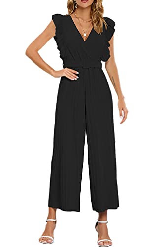 YuanDiann Damen Sommer Jumpsuit Elegant Rüschen V-Ausschnitt Falten Weites Bein Overall Ärmellos Causal Party Hosenanzug Playsuit Hosenanzug Playsuit Romper Mit Gürtel Schwarz M von YuanDiann