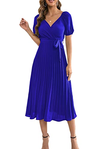 YuanDiann Damen Sommer Kurzarm Kleider Falten A Linie Swing Laterne Ärmel V-Ausschnitt Elegant Einfarbig Midi Causal Party Cocktail Kleid Blau XL von YuanDiann