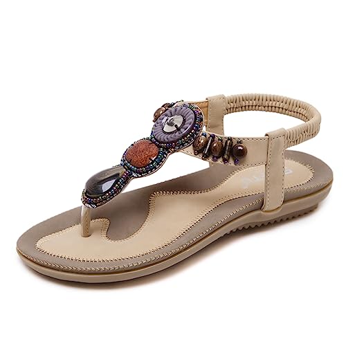 YuanDiann Damen Sommer Sandalen Böhmischer Stil Simulierter Edelstein Perlen Elegant Bequeme Strandschuhe Rutschfest Freizeit Flache Flip Flops Zehensandalen Aprikose 42 EU von YuanDiann