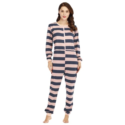 YuanDiann Damen Weihnachts Onesie Pyjama Gestreift Drucken Schlafoverall Weich Bequem Nachtwäsche Einteiler Schlafanzug Pink Blue L von YuanDiann