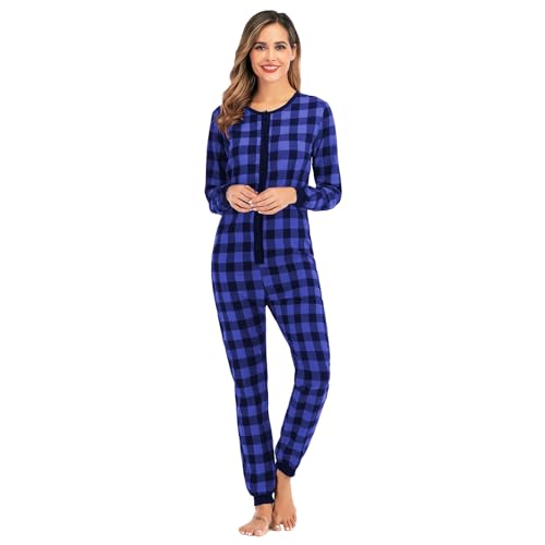 YuanDiann Damen Weihnachts Onesie Pyjama Karierter Drucken Weiche Bequeme Nachtwäsche Einteiler Flanell Schlafanzug Schlafoverall ohne Kapuze Blue XL von YuanDiann