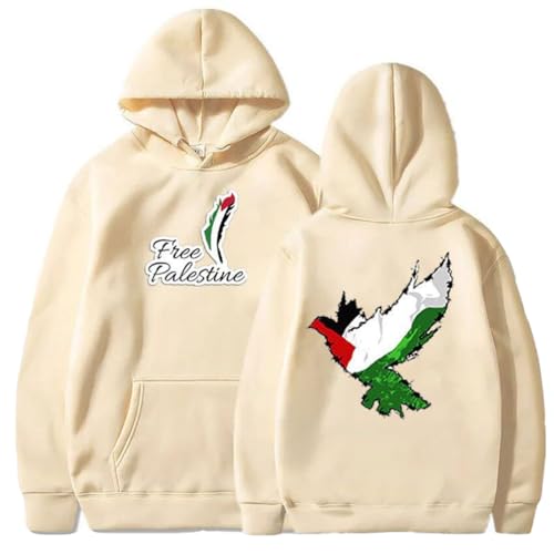 YuanDiann Free Palestine Hoodies für Herren und Damen Flagge Friedenstaube Druck Trainingsanzug Kapuzenpullover Samtfutter Warm Hip-Hop Lässig Lose Pullover Sweatshirt mit Kapuze Aprikose 3XL von YuanDiann