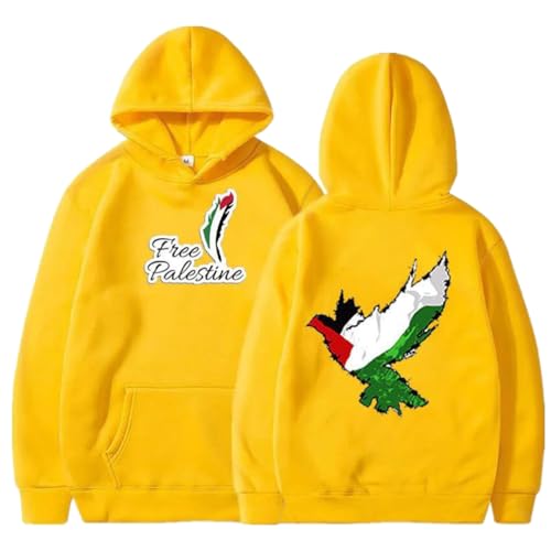 YuanDiann Free Palestine Hoodies für Herren und Damen Flagge Friedenstaube Druck Trainingsanzug Kapuzenpullover Samtfutter Warm Hip-Hop Lässig Lose Pullover Sweatshirt mit Kapuze Gelb L von YuanDiann