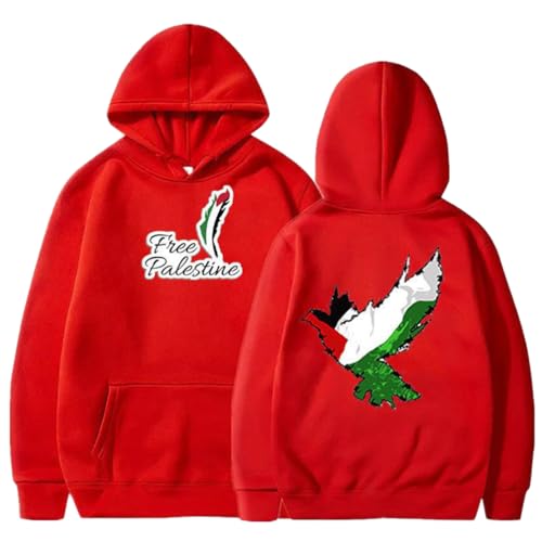 YuanDiann Free Palestine Hoodies für Herren und Damen Flagge Friedenstaube Druck Trainingsanzug Kapuzenpullover Samtfutter Warm Hip-Hop Lässig Lose Pullover Sweatshirt mit Kapuze Rot L von YuanDiann