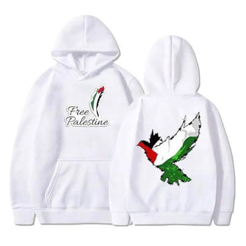YuanDiann Free Palestine Hoodies für Herren und Damen Flagge Friedenstaube Druck Trainingsanzug Kapuzenpullover Samtfutter Warm Hip-Hop Lässig Lose Pullover Sweatshirt mit Kapuze Weiß M von YuanDiann