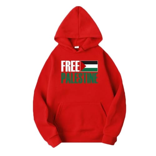 YuanDiann Free Palestine Hoodies für Herren und Damen Flaggendruck Trainingsanzug Kapuzenpullover Samtfutter Warm Casual Lose Sweatshirt mit Kapuze Rot L von YuanDiann