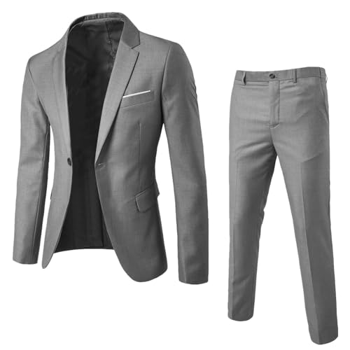 YuanDiann Herren Anzug 2 Teiliges Set Slim Fit Sportlich Business Sakko Blazer Mode Party Hochzeit Trauzeuge Einreihig Suits&Hose Festliche Anzüge Business Smoking Hellgrau XL von YuanDiann