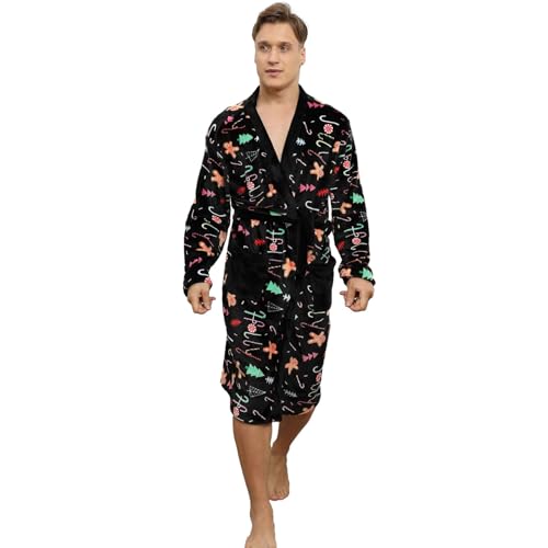 YuanDiann Herren Bademantel Weihnachten Bedruckt Weich Warm Flanell Hausmantel Morgenmantel Bequemer Pyjama Nachtwäsche Black XXL von YuanDiann