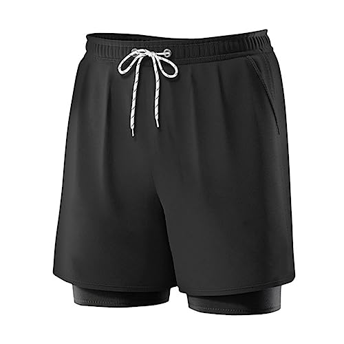 YuanDiann Herren Badeshorts mit Kompression Liner 2 in 1 Bequem Badehose Schnelltrocknend Sport Shorts Männer Boardshorts Schwimmhose Strandhose Schwarz 5XL von YuanDiann