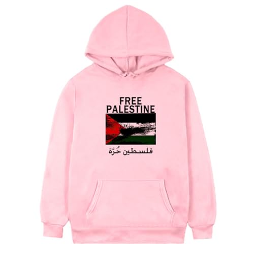 YuanDiann Herren Damen Free Palestine Hoodies Teenager Flagge Bedrucktes Kapuzenpullover mit Samtfutter Warm Hip Hop Mode Casual Lockerer Sweatshirt mit Kapuze Rosa XL von YuanDiann