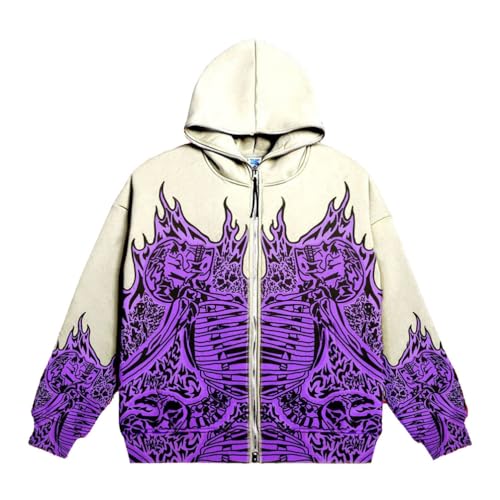 YuanDiann Herren Damen Y2K Zip Up Hoodies Totenkopf Aufdruck Jacke 90er Retro Herbst Winter Reißverschluss Sweatshirt Skelett Kapuzen Sweatjacke Lila L von YuanDiann