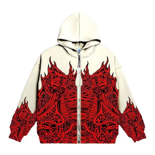YuanDiann Herren Damen Y2K Zip Up Hoodies Totenkopf Aufdruck Jacke 90er Retro Herbst Winter Reißverschluss Sweatshirt Skelett Kapuzen Sweatjacke Rot L von YuanDiann