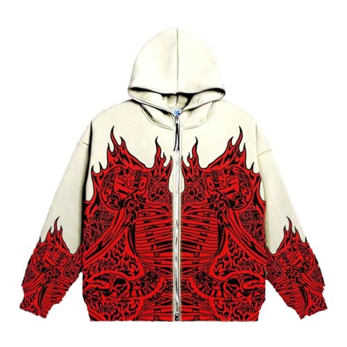 YuanDiann Herren Damen Y2K Zip Up Hoodies Totenkopf Aufdruck Jacke 90er Retro Herbst Winter Reißverschluss Sweatshirt Skelett Kapuzen Sweatjacke Rot M von YuanDiann