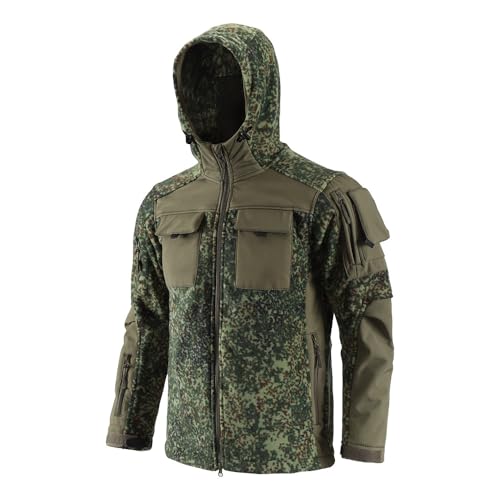 YuanDiann Herren Fleecejacke Mit Kapuze Outdoor Armee Taktische Jacke Mehrere Taschen Winddicht Warm Wander Camping Trekking Jagd Sport Mäntel übergangsjacke Russische Camo 3XL von YuanDiann