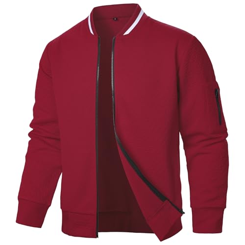 YuanDiann Herren Jacke übergangsjacke Herbst Winter Jacquard Freizeit Leicht Stehkragen Blouson Jacken mit Reissverschluss Cardigan Sweatjacke Ohne Kapuze Weinrot L von YuanDiann