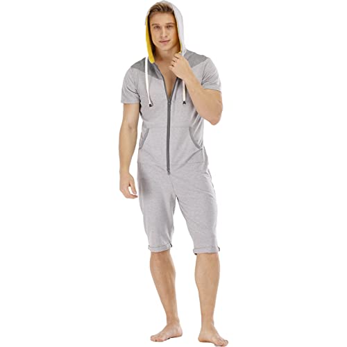 YuanDiann Herren Kurz Jumpsuit Onesie Sommer Overall Pyjama Hoodie Jogginghose Männer T-Shirt Kurze Hose Schlafanzug Einteiler Sommerjumpsuit Schlafoverall Nachtwäsche 2#Dunkelgrau + Hellgrau L von YuanDiann