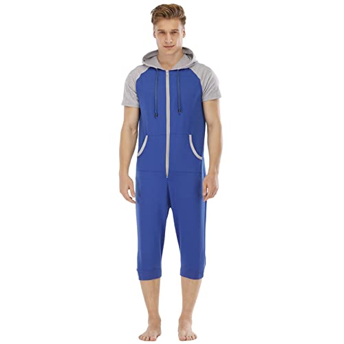 YuanDiann Herren Kurz Jumpsuit Onesie Sommer Overall Pyjama Hoodie Jogginghose Männer T-Shirt Kurze Hose Schlafanzug Einteiler Sommerjumpsuit Schlafoverall Nachtwäsche Blau + Grau XL von YuanDiann