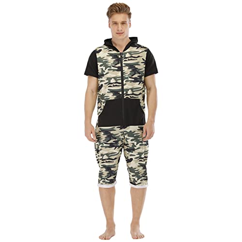 YuanDiann Herren Kurz Jumpsuit Onesie Sommer Overall Pyjama Hoodie Jogginghose Männer T-Shirt Kurze Hose Schlafanzug Einteiler Sommerjumpsuit Schlafoverall Nachtwäsche Camo + Schwarz XXL von YuanDiann