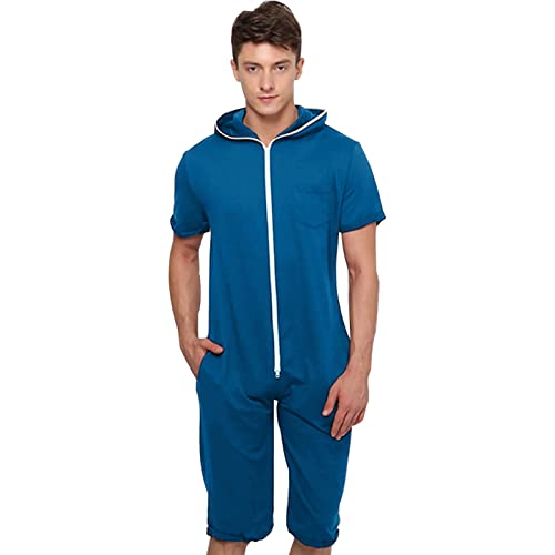 YuanDiann Herren Kurz Jumpsuit Onesie Sommer Overall Pyjama Hoodie Jogginghose Männer T-Shirt Kurze Hose Schlafanzug Einteiler Sommerjumpsuit Schlafoverall Nachtwäsche Dunkelblau XL von YuanDiann