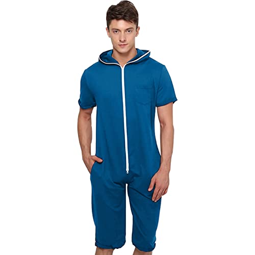 YuanDiann Herren Kurz Jumpsuit Onesie Sommer Overall Pyjama Hoodie Jogginghose Männer T-Shirt Kurze Hose Schlafanzug Einteiler Sommerjumpsuit Schlafoverall Nachtwäsche Dunkelblau XXL von YuanDiann