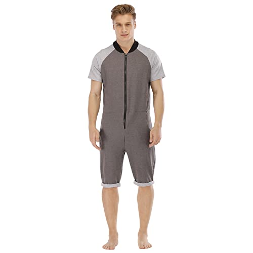 YuanDiann Herren Kurz Jumpsuit Onesie Sommer Overall Pyjama Hoodie Jogginghose Männer T-Shirt Kurze Hose Schlafanzug Einteiler Sommerjumpsuit Schlafoverall Nachtwäsche Dunkelgrau + Hellgrau M von YuanDiann