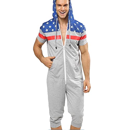 YuanDiann Herren Kurz Jumpsuit Onesie Sommer Overall Pyjama Hoodie Jogginghose Männer T-Shirt Kurze Hose Schlafanzug Einteiler Sommerjumpsuit Schlafoverall Nachtwäsche Hellgrau + Flagge XXL von YuanDiann