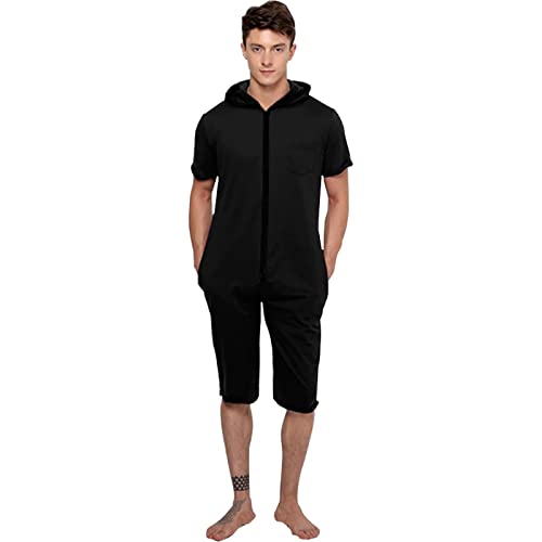YuanDiann Herren Kurz Jumpsuit Onesie Sommer Overall Pyjama Hoodie Jogginghose Männer T-Shirt Kurze Hose Schlafanzug Einteiler Sommerjumpsuit Schlafoverall Nachtwäsche Schwarz M von YuanDiann
