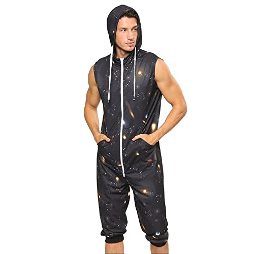 YuanDiann Herren Kurz Jumpsuit Onesie Sommer Overall Pyjama Hoodie Jogginghose Männer T-Shirt Kurze Hose Schlafanzug Einteiler Sommerjumpsuit Schlafoverall Nachtwäsche Sternenklarer Himmel XL von YuanDiann