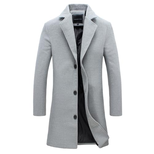 YuanDiann Herren Lang Wollmantel Herbst Winter Slim Fit Wollejacke Casual Business Trenchcoat Mantel Winterjacke Einreihig Windbreaker Mode Revers Dufflecoat Übergangsjacke Hellgrau XL von YuanDiann