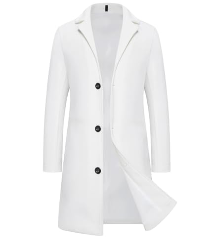 YuanDiann Herren Lang Wollmantel Herbst Winter Slim Fit Wollejacke Casual Business Trenchcoat Mantel Winterjacke Einreihig Windbreaker Mode Revers Dufflecoat Übergangsjacke Weiß 5XL von YuanDiann