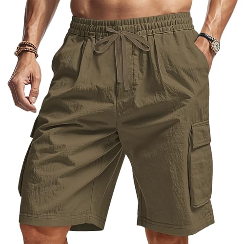 YuanDiann Herren Sommer Musselin Strandshorts Baggy Cargo Shorts Mehreren Taschen Atmungsaktiv Komfortabe Sport Freizeit Urlaub Bermuda Armee XL von YuanDiann