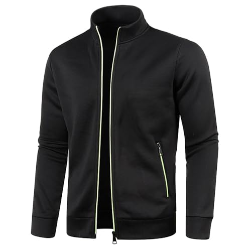 YuanDiann Herren Sweatjacke mit Reissverschluss Sportjacke Stehkragen Trainingsjacke Ohne Kapuze Übergangsjacke Freizeitjacke Leichte Laufjacke Cardigan mit Taschen Schwarz 5XL von YuanDiann