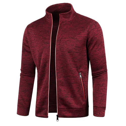 YuanDiann Herren Sweatjacke mit Reissverschluss Sportjacke Stehkragen Trainingsjacke Ohne Kapuze Übergangsjacke Freizeitjacke Leichte Laufjacke Cardigan mit Taschen Weinrot 3XL von YuanDiann