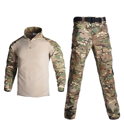 YuanDiann Herren Taktisch Tarnung Kleidung Set, Camo Langarm Hemd + Hose, Mehrere Taschen Taktik Airsoft Wandern Trekking Jagd Camping Outdoor Militär Frog Uniform CP 3XL von YuanDiann