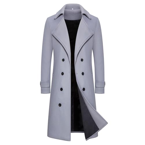 YuanDiann Herren Wollejacke Lang Wintermantel Casual Wollmantel Zweireihig Herbst Winter Windbreaker Mode Revers Winterjacke Übergangsjacke Dufflecoat Trenchcoat Hellgrau M von YuanDiann
