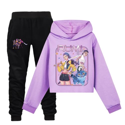 YuanDiann Huntrix Cropped Kapuzenpullover + Jogginghose 2-teilig Set Sportlich Hoodie Casual Outfit für Kinder, Bequeme Tracksuit Geschenk für Mädchen und Jungen Lila Set 140 von YuanDiann