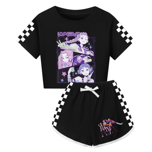 YuanDiann Huntrix Familien Schlafanzug Set Cropped T-Shirt & Shorts – Cartoon Druck Kurz Pyjama Kinder Erwachsene Weihnachts Geburtstags GeschenkSchwarz 1# M von YuanDiann