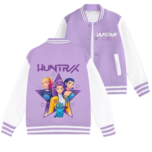 YuanDiann Huntrix Kinder Baseballjacke – 100% Baumwolle College Jacke mit Knopfdesign, Rippenbündchen und Seitentaschen, SportCasual Sweatjacke für Jungen & Mädchen Geschenk​ Lila 4# 120 von YuanDiann