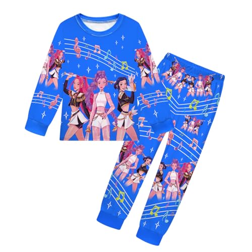 YuanDiann Huntrix Kinder Pyjama Set Langarm 3D Cartoon Druck Schlafanzug Mädchen Jungen 2-teilig Lang Nachtwäsche T-Shirt + Hose Cosplay Kostüm Outfit Weihnachts Geburtstags Geschenk 5# Blau 150 von YuanDiann