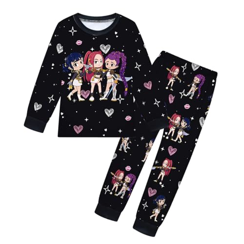 YuanDiann Huntrix Kinder Pyjama Set Langarm 3D Cartoon Druck Schlafanzug Mädchen Jungen 2-teilig Lang Nachtwäsche T-Shirt + Hose Cosplay Kostüm Outfit Weihnachts Geburtstags Geschenk 6# Schwarz 140 von YuanDiann