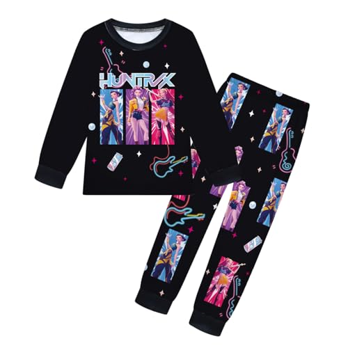 YuanDiann Huntrix Kinder Pyjama Set Langarm 3D Cartoon Druck Schlafanzug Mädchen Jungen 2-teilig Lang Nachtwäsche T-Shirt + Hose Cosplay Kostüm Outfit Weihnachts Geburtstags Geschenk 7# Schwarz 150 von YuanDiann
