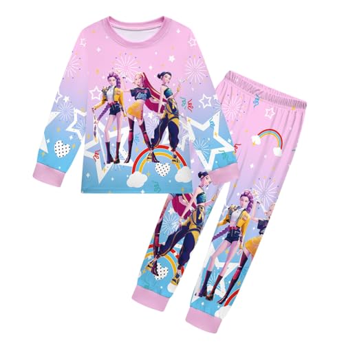 YuanDiann Huntrix Kinder Pyjama Set Langarm 3D Cartoon Druck Schlafanzug Mädchen Jungen 2-teilig Lang Nachtwäsche T-Shirt + Hose Cosplay Kostüm Outfit Weihnachts Geburtstags Geschenk 8# Rosa 150 von YuanDiann